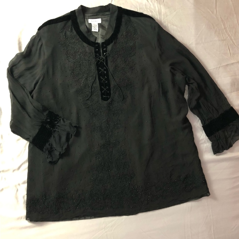 Avenue Goth Whimsigoth Black Silk Sheer Blouse‎ Beaded with Velvet Accents Sz 26